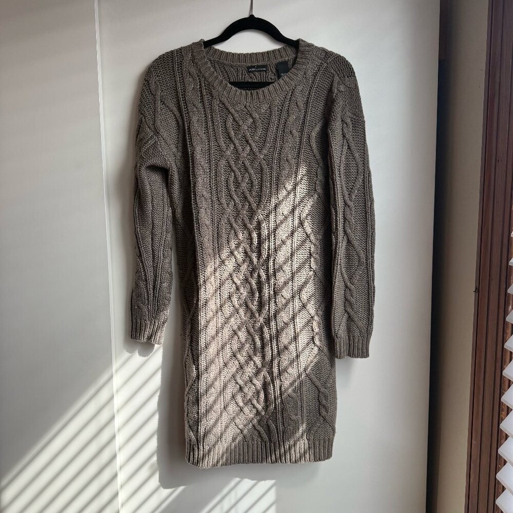 MODA INTERNATIONAL Taupe Long Sleeve Cable Knit Wool Blend Sweater Dress